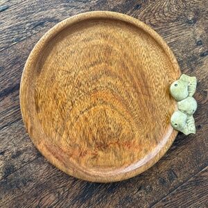 Vintage Genuine Teak Wood Round Cheese Board Tray with brass fruit decor 11 inch